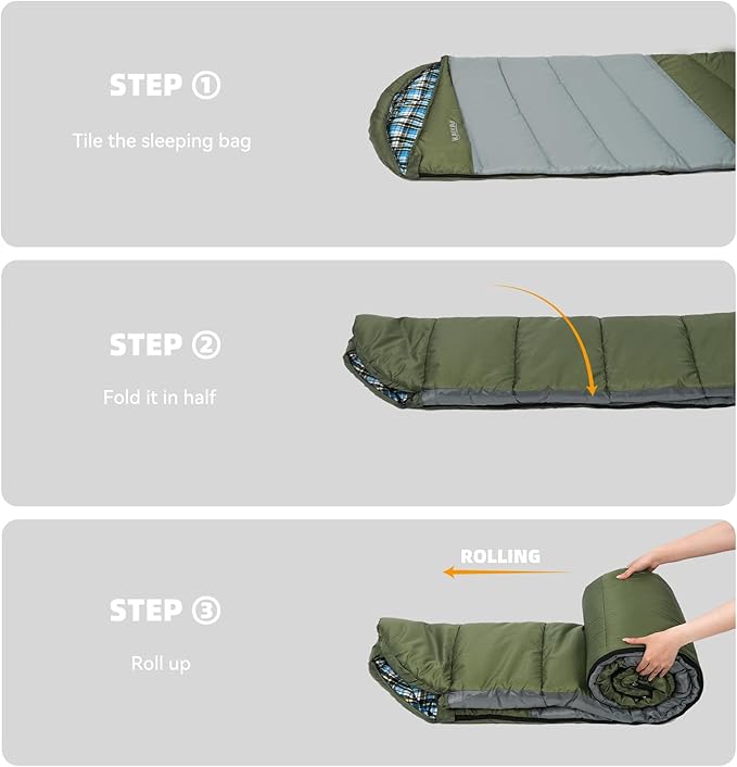 Cotton Flannel Lined Sleeping Bag for Adults Teens Kids, Cold Weather & Warm, 3 Seasons, Lightweight Compact Camping Essentials Equipment, Hiking, Outdoor, Travel