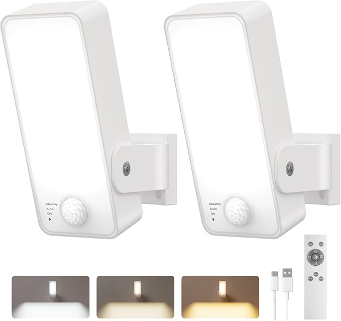 2 Pack Motion Sensor Outdoor Lights, 10000mAh Rechargeable 600 Lumen Battery Operated Outdoor Lights with 3 Modes, 3 Colors, IP65 Waterproof Outdoor Security Lights for Fences, Garage, Patio