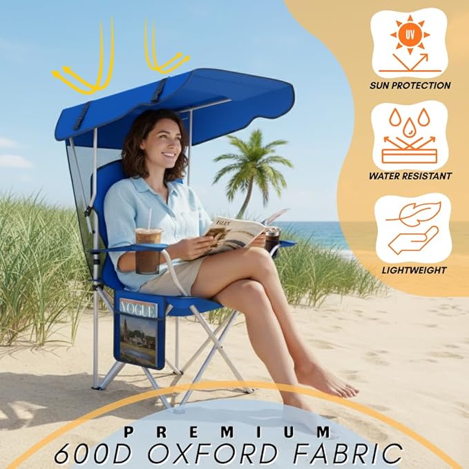Portable Folding Camping Chairs with Canopy Shade, Beach Chair for Adults, Durable Weather Resistant 600D Oxford Cloth, Camping Chair with Canopy for Outdoors [Blue-2 Pack]