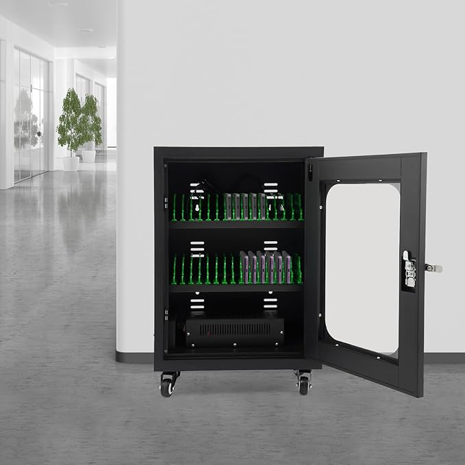 30 Slots Cell Phones Charging Station, Rechargeable Cellphone Locker Storage Charging Station, Mobile Charging Cart with Charging Ports, Wheels & Combination Lock (Black)