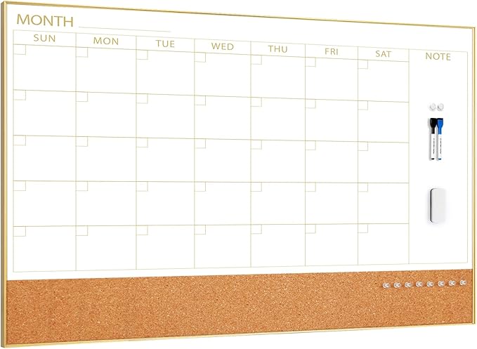 ARCOBIS Large Dry Erase Calendar with Cork for Wall, 48"x 30" Magnetic Calendar Whiteboard with Gold Frame, Monthly Combination Board for School, Home, Office