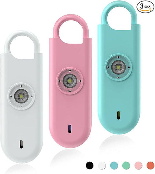 140dB Personal Safety Alarm for Women, 3 Pack Safe Alarm Protection Keychain with Strobe Light & Low Battery Notice, Security Siren Self Defense for Seniors College Girls, White+Pink+Blue