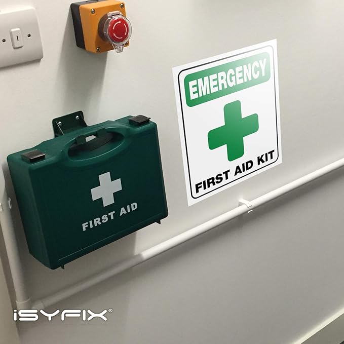 iSYFIX Emergency First Aid Kit Signs Stickers for Home, Schools & Business - 4 Pack 6x7 Inch - Premium Self-Adhesive Vinyl, Laminated UV, Weather, Scratch, Water and Fade Resistance, Indoor & Outdoor