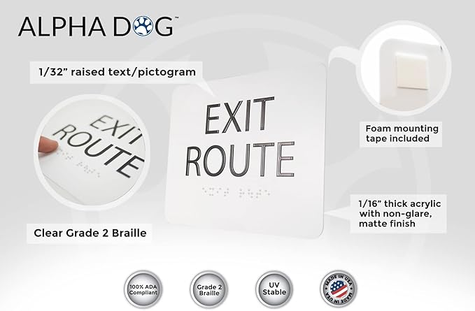 ALPHA DOG ADA SIGNS - Exit Route Sign with Braille for Your Business, 5x6 Inch, ADA Compliant, Indoor or Outdoor, Easy Installation, Made in the USA, White