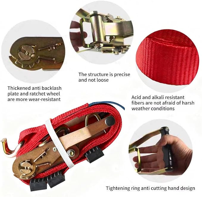 4 Pack Heavy Duty Ratchet Tie Down Straps 2" x39' – 11023 lbs Break Strength Cargo Straps with Metal Hooks for Truck, Trailer, Moving, Motorcycle & ATV, Red