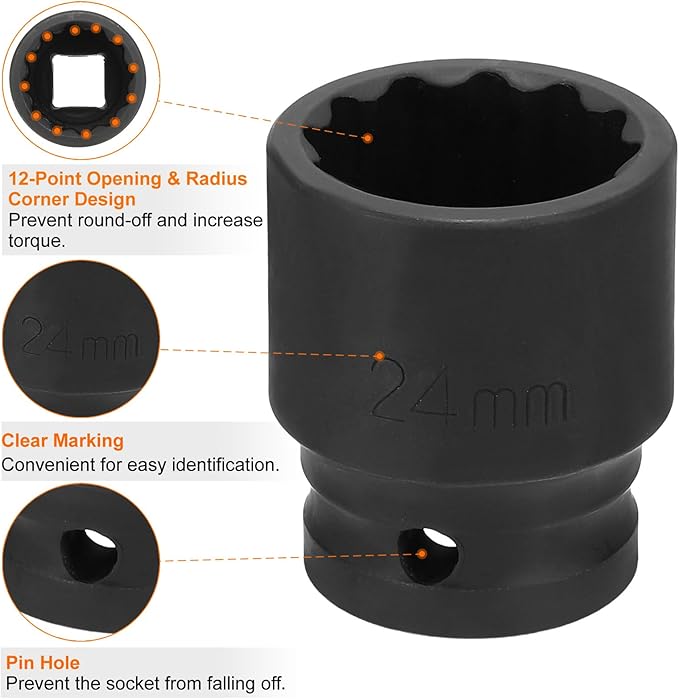 HARFINGTON 12-Point Impact Socket 1/2 Inch Drive 24mm Metric Cr-V Shallow Impact Socket Nut Driver Wrench for Auto Repair