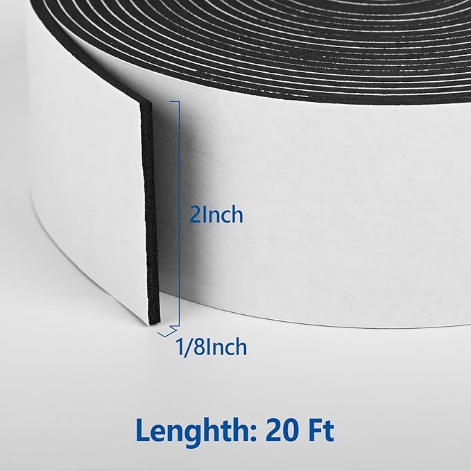 Kikerike Self Adhesive Foam Tape Weatherstrip 2In x 1/8In x 20Ft High Density Foam Insulation Strips Seal Weather Stripping with Strong Adhesive for Door and Window Sound Isolation Soundproofing