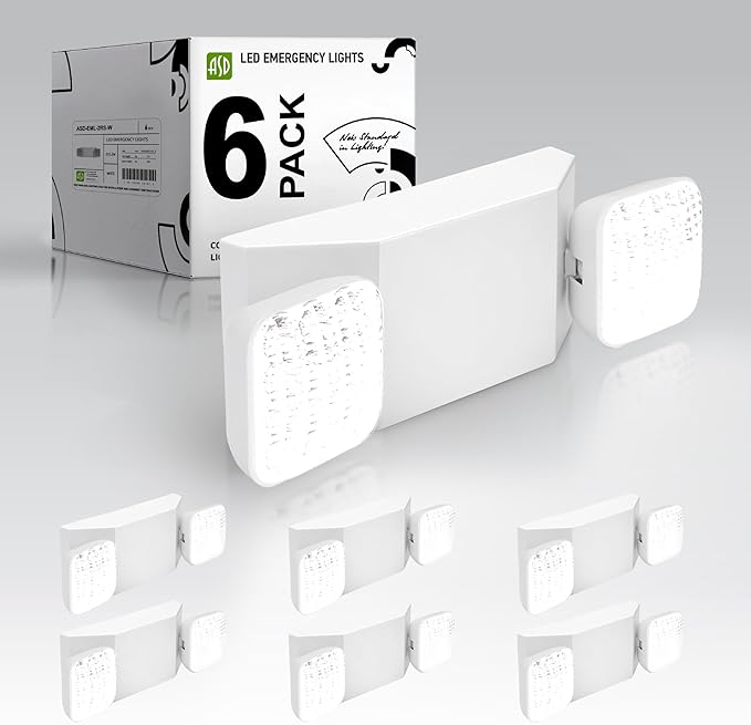 ASD LED Emergency Lights with Battery Backup - 120-277V UL 2.5W Two Square Head Adjustable for Business, Commercial Hardwired Damp Location Emergency Exit Power Outage Lights, 6 Pack