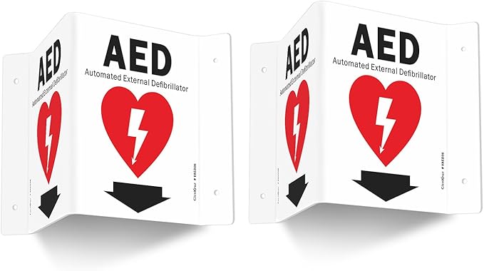 GicnKeuz AED Sign for Wall, 8" x 6" AED Signs with Symbol, Two-Sided Acrylic V-Signs for Business or Office or Home or Wall Décor, Including Screws, Easy to Install (2 Pack)