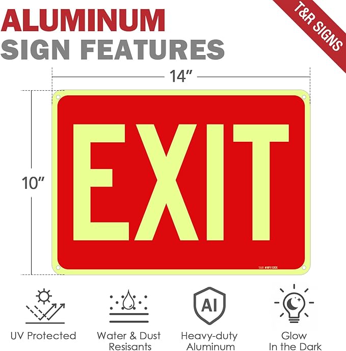 T&R Large Exit Sign - 2 Pack - - 14 x 10 Inches Rust Free .040 Aluminum Glow-In-The-Dark - UV Protected, Waterproof and Fade Resistant - 4 Pre-drilled Holes