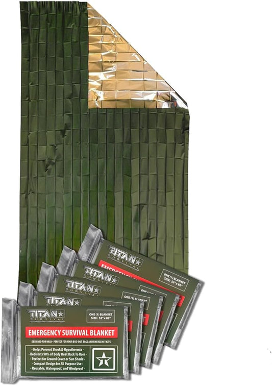 TITAN Survival - Mylar Survival Blankets 5 Pack - 90% Heat Retention & Waterproof Design - Emergency Blanket Cold Weather Protection & Survival Kits - Durable Space Blanket for Outdoor Use