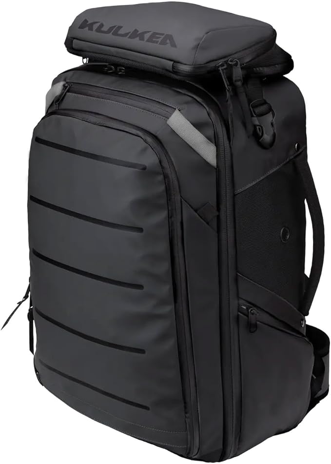 Käydä 44L Travel Backpack - Spacious Carry On Backpack with Detachable Travel Pouch, Magnetic Water Bottle Pocket, Passport and Laptop Pocket - Convertible Boot Bag for Snow Sports (Black/Silver)