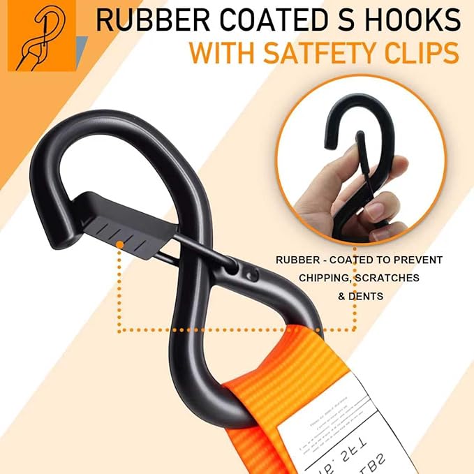 Ratchet Straps Heavy Duty 4-Pack - 1''x 15' (1,680lb Break Strength) - Motorcycle Straps Tie Downs with Safety S Hooks -Cargo Straps for Moving, Appliances, Motorcycle, Trucks, Car - Orange