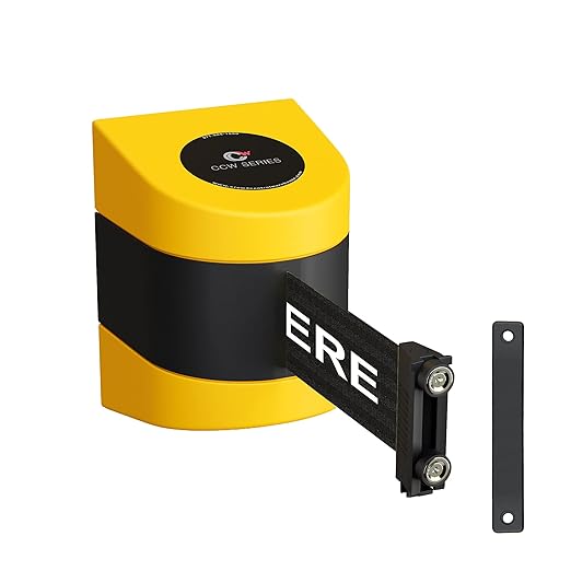 Crowd Control Warehouse - CCW Series WMB-220 Magnetic Wall Mount Retractable Belt Barrier - 15 Foot, Black with"Please Wait HERE" White Letters Belt with Yellow ABS Case