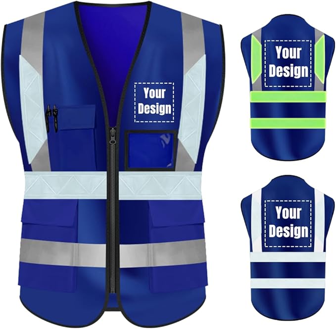 YOWESHOP High Visibility Safety Vest Custom Your Logo Protective Workwear 5 Pockets With Reflective Strips Outdoor Work Vest (3XL, Navy Blue Luminous)