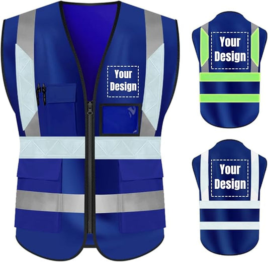 YOWESHOP High Visibility Safety Vest Custom Your Logo Protective Workwear 5 Pockets With Reflective Strips Outdoor Work Vest (XL, Navy Blue Luminous)