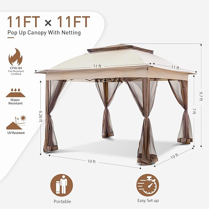 COOS BAY 11x11 Pop Up Instant Gazebo Tent with Mosquito Netting Outdoor Canopy Shelter with 121 Square Feet of Shade (Beige)