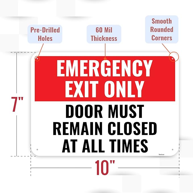 2PC Emergency Exit Only Sign, 10 x 7 Inches - Aluminum - Door Must Remain Closed At All Times