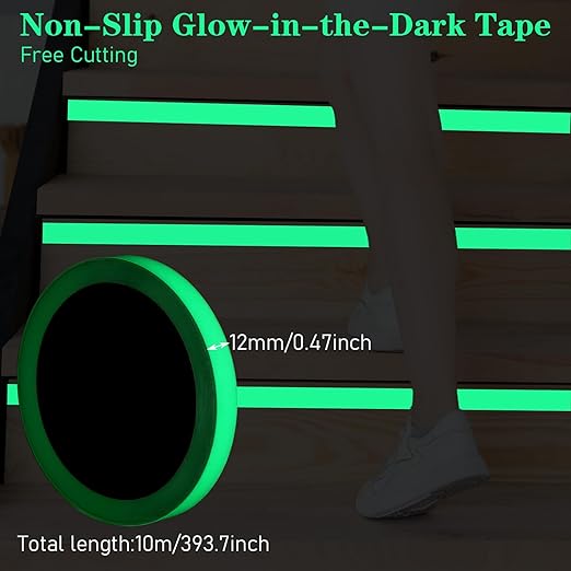 Glow in The Dark Tape, 0.5Inch x 33FT High Adhesion Waterproof Fluorescent Safety Tape, Luminescent Emergency Roll Safety Egress Markers for Stairs Bikes Outdoor Gear Walls Exit Sign Halloween DIY