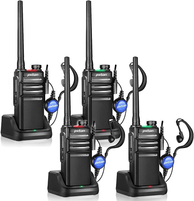 pxton Waterproof walkie talkies Long Range for Adults with Headphones and Charger Dock，GMRS Handheld Two Way radios Rechargeable NOAA walkie Talkie (4 Pack)