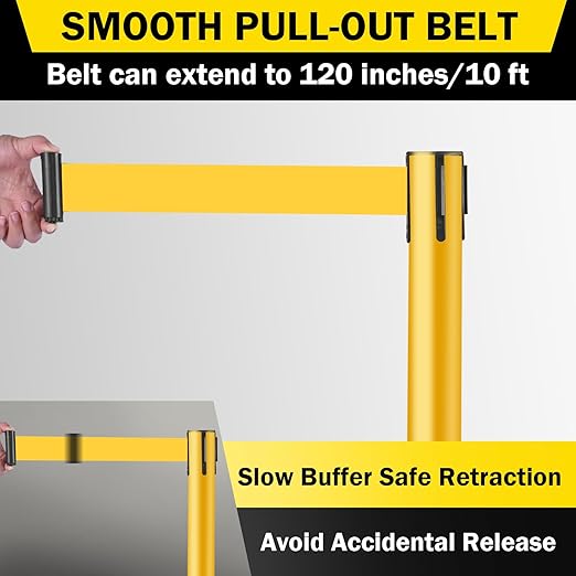10 ft Crowd Control Stanchion Set, Crowd Control Barrier, Stanchions with Retractable Belts & Water Filled Base, Retractable Stanchions, Queue Management Stanchion (4 Pack) (Yellow)