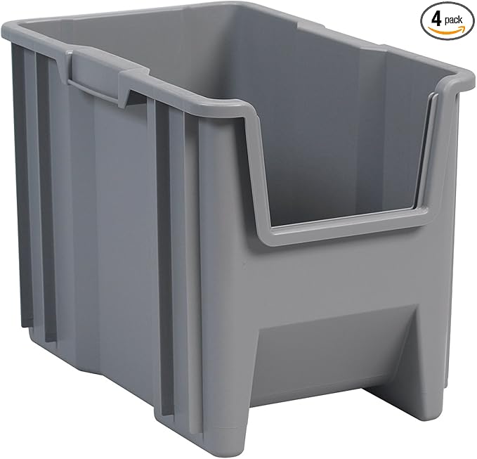 Akro-Mils 13014 Stak-N-Store Heavy Duty Stackable Open Front Plastic Storage Container Bin, (17-1/2-Inch x 11-Inch x 12-1/2-Inch), Gray, (4-Pack)