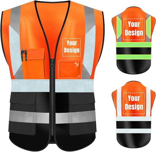 YOWESHOP High Visibility Safety Vest Custom Your Logo Protective Workwear 5 Pockets With Reflective Strips Outdoor Work Vest (S, Orange Black Luminous)