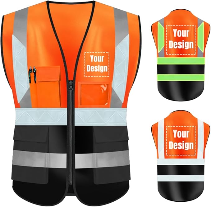 YOWESHOP High Visibility Safety Vest Custom Your Logo Protective Workwear 5 Pockets With Reflective Strips Outdoor Work Vest (2XL, Orange Black Luminous)
