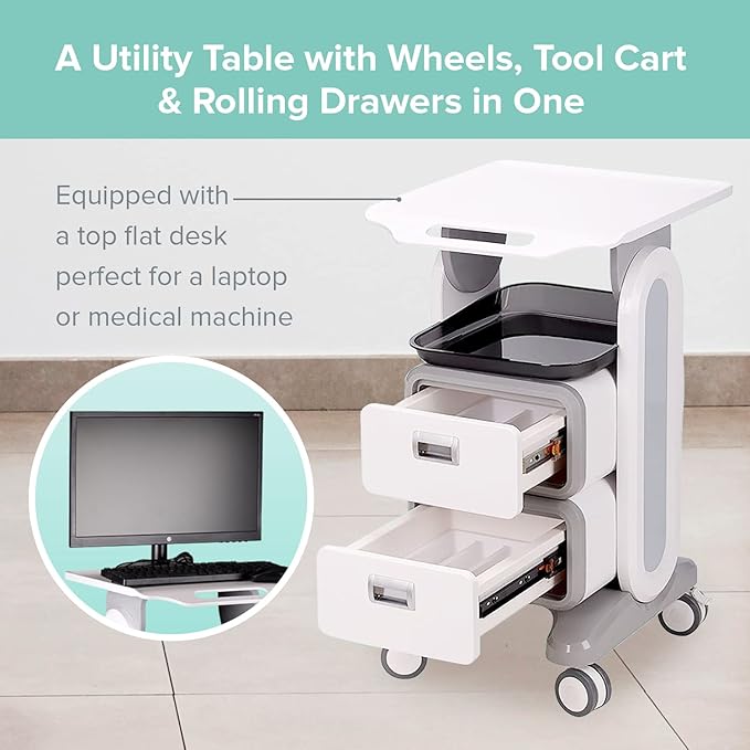 Professional Utility Cart with Wheels - Rolling Dental Office Cart with Drawers - Medical Trolley for Cavitation Machine, Esthetician Supplies, Lab Tools - Salon Trolley