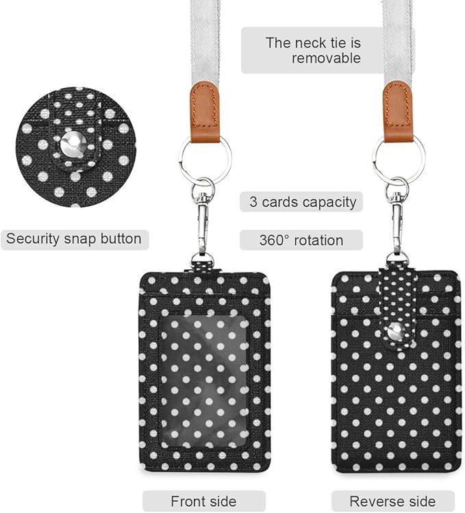 Polka Dot ID Badge Holder with Lanyard, Vertical Leather ID Badge Card Holder for Office Staff, School Teacher and Student