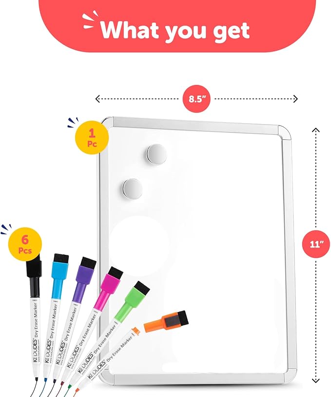 Kedudes Magnetic 8.5’’ x 11’’ Small Dry Erase Whiteboard - Includes 6 Magnetic Dry Erase Markers, Assorted Colors - Small Board for Fridge, Locker, Office, Classroom, Dorm Room