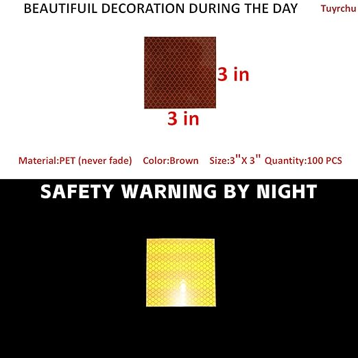 Non Fading Brown Reflective Stickers 3 inch X 3 inch, Outdoor Waterproof High Visibility Warning Safety Adhesive Reflector Tape (100 Pcs)