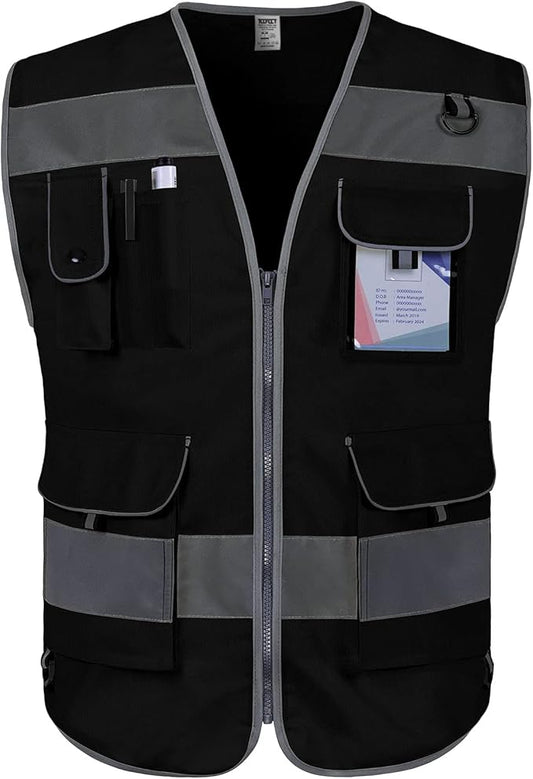 TCCFCCT Reflective Safety Vest, 9 Pockets High Visibility Vest for Men Women, Hi Vis Reflective Work Vest for Safety, Meets ANSI/ISEA Standards, (Black, XX-Large)