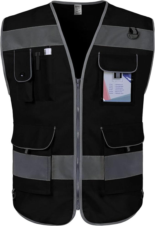 TCCFCCT Black Safety Vest for Men Women 9 Pockets High Visibility Reflective Vest for Safety, Work Vest with Reflective Strips, Meets ANSI/ISEA Standards, Large