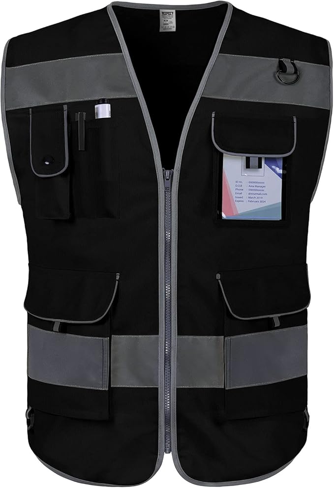 TCCFCCT Safety Vest 9 Pockets High Visibility Reflective Safety Vest for Men Women, Hi Vis Work Vest with Reflective Strips, Meets ANSI/ISEA Standards, (Black, 3X-Large)
