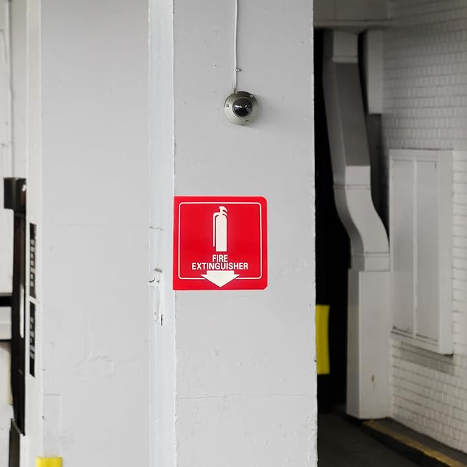 Haploon 4 Pcs Fire Extinguisher Signs with Down Arrow 6x6 Inch Fire Extinguisher Signs with Pre Drilled Mounting Holes, Wall Mount Fire Safety Sign for Various Public Places