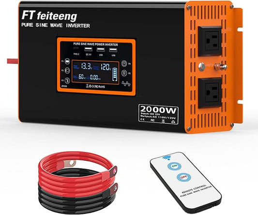2000W Pure Sine Wave Power Inverter,12v DC to 110v/120v AC Converter with Remote, Cable, LCD Display, 2AC+3USB, Type-c Port for Camping Emergency Vehicles Truck Rv
