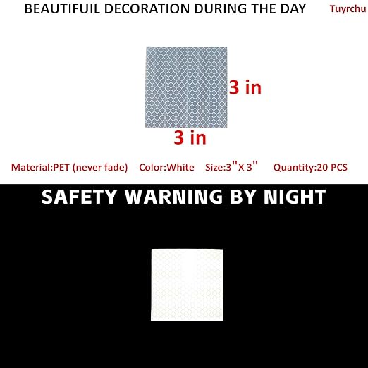 Non Fading White Reflective Stickers 3 inch X 3 inch, Outdoor Waterproof High Visibility Warning Safety Adhesive Reflector Tape (20 Pcs)