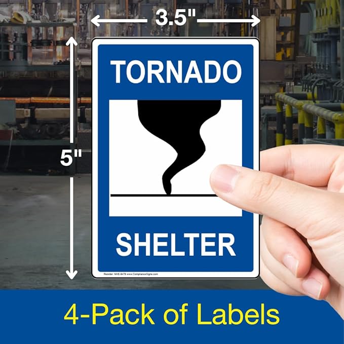 ComplianceSigns.com Tornado Shelter Label Decal, 5x3.5 in. 4-Pack Vinyl for Emergency Response