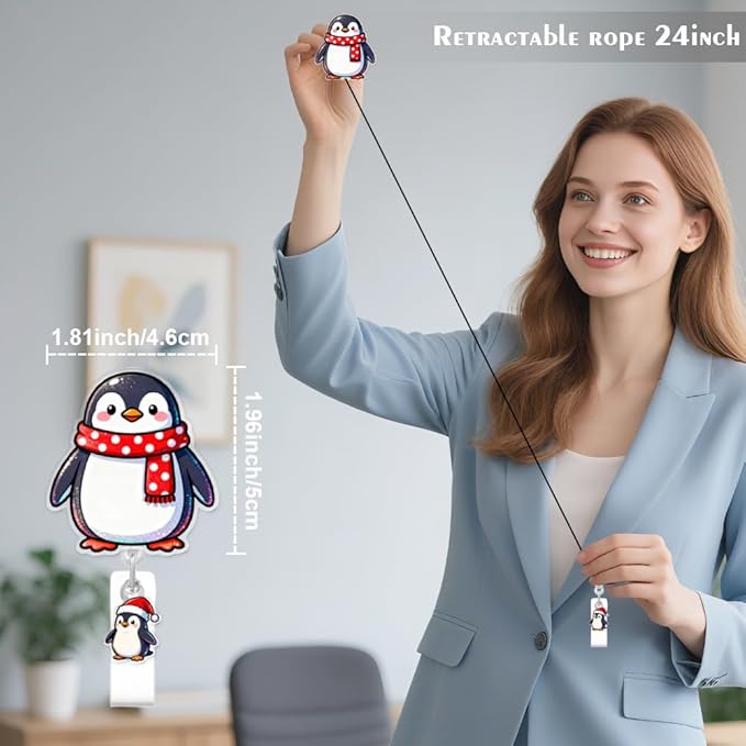 Cute Penguin Badge Reel for ID Card, Funny Christmas Winter Penguin Retractable Nurse Alligator Clip Badge Reel for Women, ID Name Tag Badge Holder for Office School Hospital Nurses Doctors Teachers