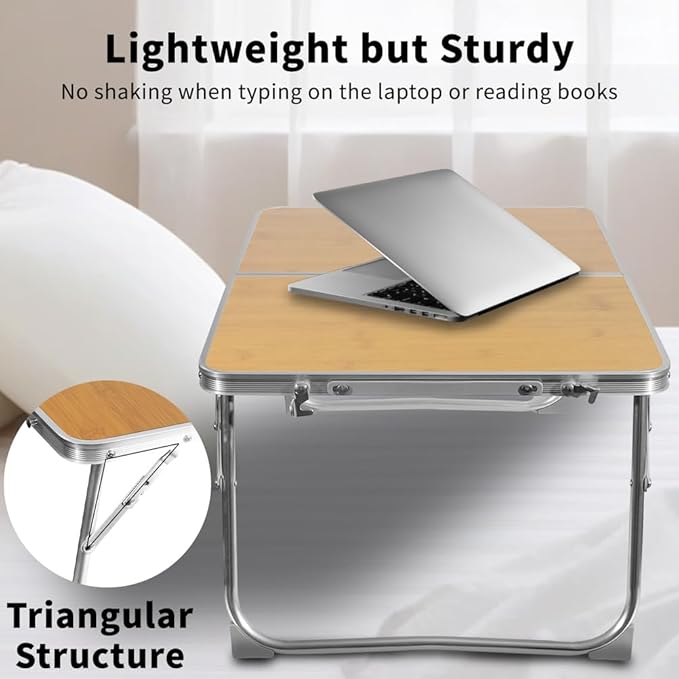 KISKIS 2 Fold Ultra Lightweight Folding Camping Tables 2Ft Portable Small Aluminum Outdoor Desk with Carry Handle, 62X42cm(24X17inch) for Picnic Travel,Bamboo Wood Grain