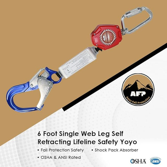 AFP Demon 6 Foot Single Web Leg Self Retracting Lifeline Safety Yoyo, Shock Pack Absorber, Aluminum Rebar Pelican Hook & Steel Carabiner Fall Protection Arrest Limiter SRL | OSHA & ANSI Rated