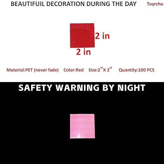 Non Fading Red Reflective Stickers 2 inch X 2 inch, Outdoor Waterproof High Visibility Warning Safety Adhesive Reflector Tape (100 Pcs)