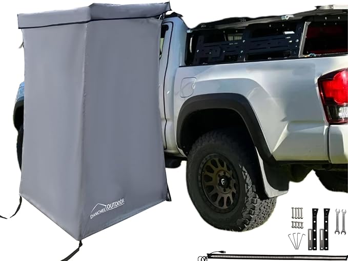 DANCHEL OUTDOOR Car Side Shower Awning with Roof, 3.3x3.3ft Portable Roof Rack Vehicle Shower Privacy Tent Shelter Enclosure Overland Camping Changing Room Bathroom w/LED Light, Gray