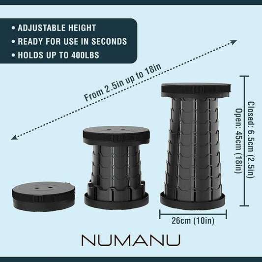 NUMANU 2PK Old-Gen Collapsible Stool, Max 400lbs, Adjustable Portable Folding Stool for Adults, Retractable Foldable Telescopic Seat Camping Chair or Footrest (2PK Old-Gen Hard Seat + Accessories)