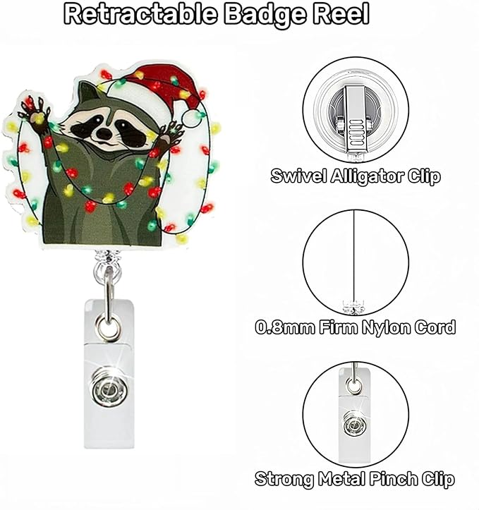 Christmas Raccoon Badge Reel Cute Animals Badge Holder Retractable Raccoon Light Strings Xmas Badge Reels with Alligator Clip Acrylic Nurse Name Tag Christmas Badges Holder for Doctor Teacher Office