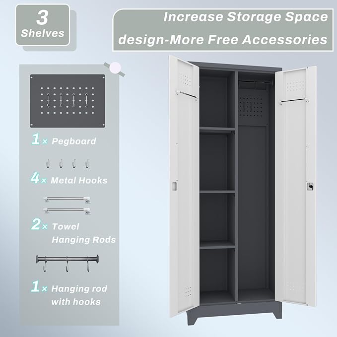 Locking Cabinet,Metal Garage Storage Cabinets with 2 Doors,Garage Tool Storage Cabinets with 3 Adjustable Shelves,Lockable Storage Cabinet for Basement,Home Office,Grey-White