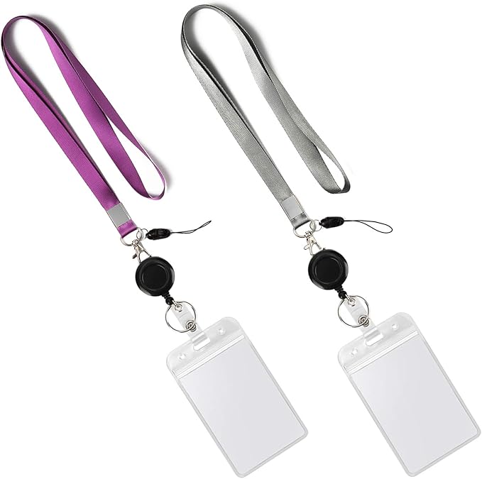 YOUOWO 2 Pack Lanyards with Vertical ID Badge Holders and Retractable Badge Reel with Clips,Office Neck Grey Purple Lanyard Waterproof