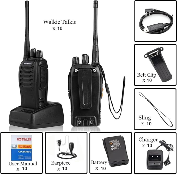 BAOFENG BF-888S Walkie Talkies for Adults Rechargeable Long Range 16 Channel Professional Walky Talky and Security Headphones Flashlight Li-ion Battery and Charger (10 Pack)