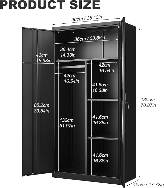 Wardrobe Storage Cabinets,Black Armoire Wardrobe Closet with Lock,Metal Storage Cabinet for Living/Laundry Room